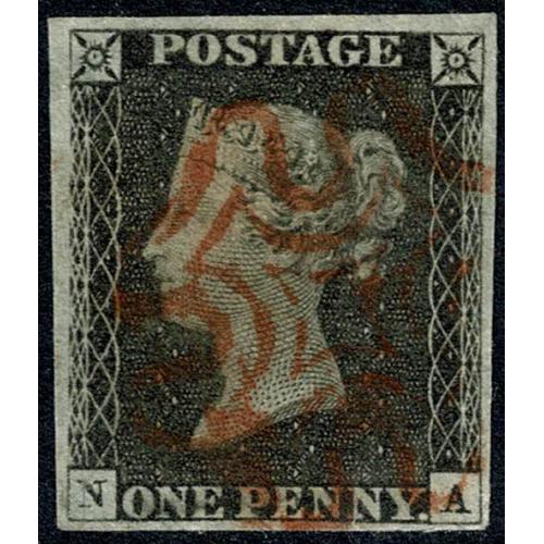 1d grey black NA Plate 2. Four margins good to close, red Maltese cross cancel